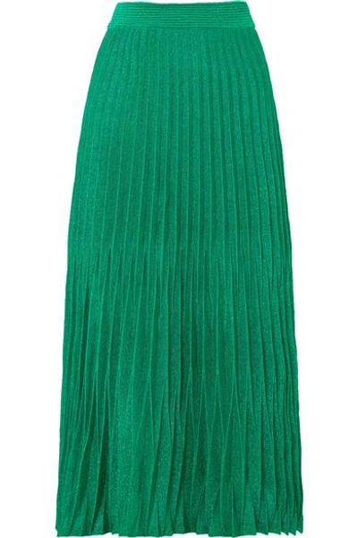 Shop Maje Pleated Metallic Knitted Midi Skirt In Green