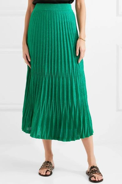 Shop Maje Pleated Metallic Knitted Midi Skirt In Green