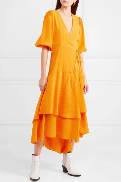 Ganni Wilkie Striped Silk And Cotton-blend Seersucker Wrap Dress In Tumeric  Orange | ModeSens