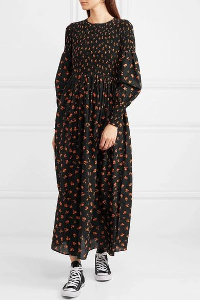 Ganni Beacon Shirred Floral-print Cotton And Silk-blend Maxi Dress In Black  | ModeSens