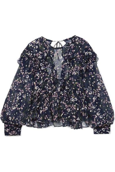 Shop Isabel Marant Muster Floral-print Fil Coupé Silk-blend Georgette Blouse In Midnight Blue