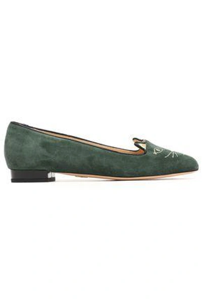 Shop Charlotte Olympia Woman Metallic Embroidered Suede Ballet Flats Forest Green