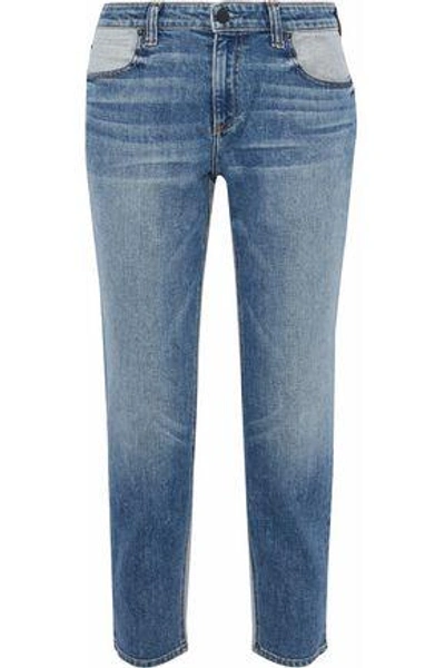Shop Alexander Wang Woman Ride Cropped Two-tone Mid-rise Straight-leg Jeans Mid Denim