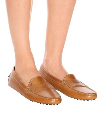 Shop Tod's Gommino Leather Loafers In Beige