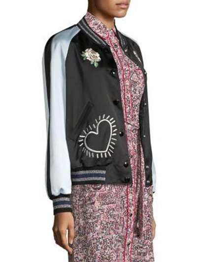 Shop Coach X Keith Haring Reversible Satin Varsity Jacket In Pj Pink Light Blue