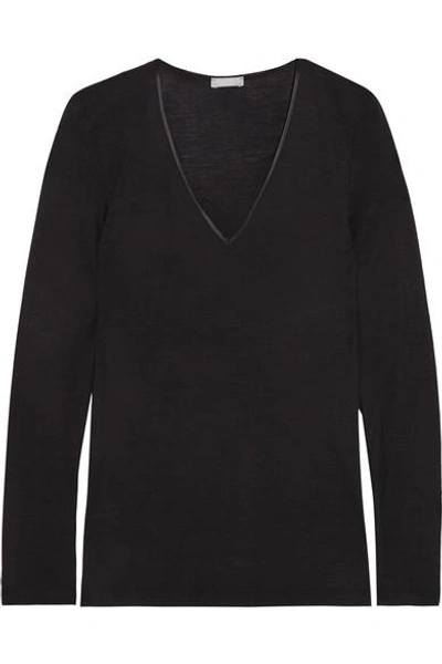 Shop Hanro Merino Wool And Silk-blend Jersey Top In Black
