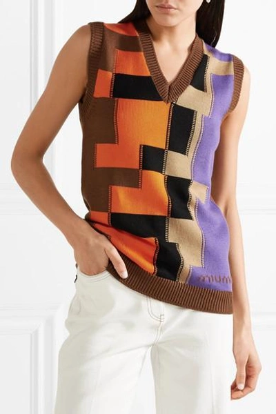 Shop Miu Miu Color-block Intarsia Wool Top In Brown