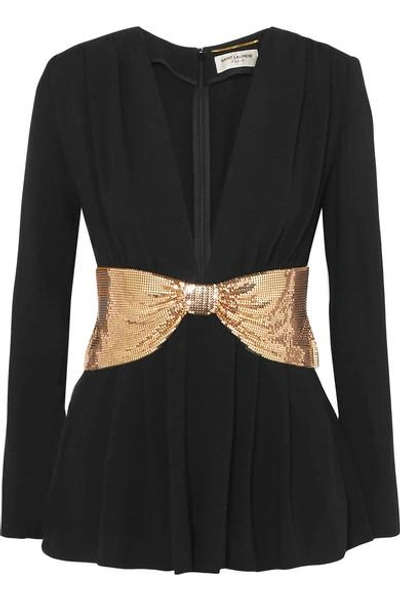 Shop Saint Laurent Metallic Bow-embellished Crepe Playsuit In Black