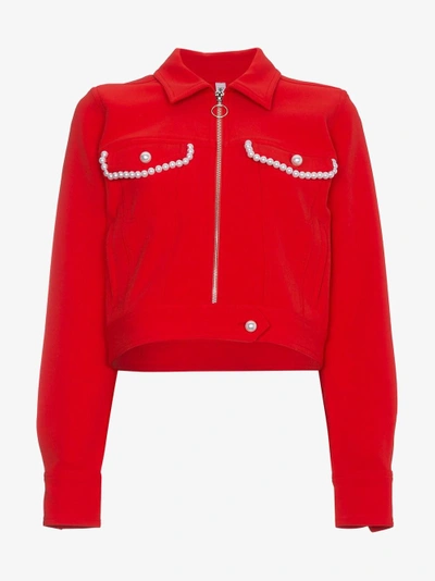 Shop Adam Selman Faux Pearl Embellished Crop Jacket In Red