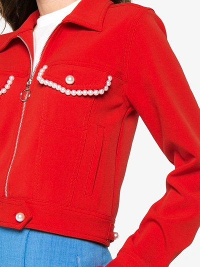 Shop Adam Selman Faux Pearl Embellished Crop Jacket In Red