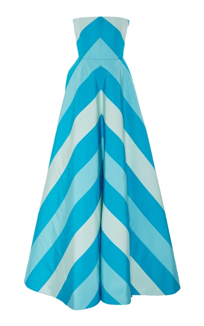 Shop Carolina Herrera Strapless Chevron Gown In Blue