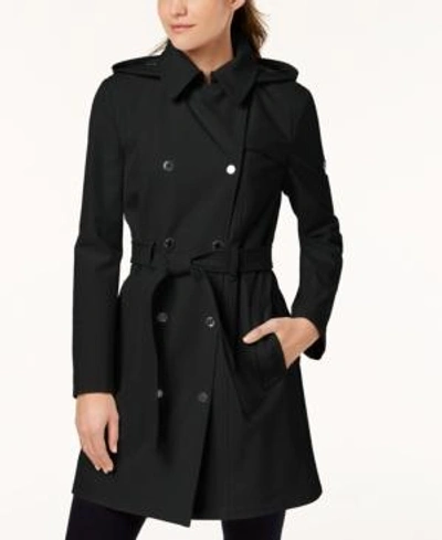 Shop Calvin Klein Petite Double Breasted Belted Trench Coat, Created For Macy's In Black