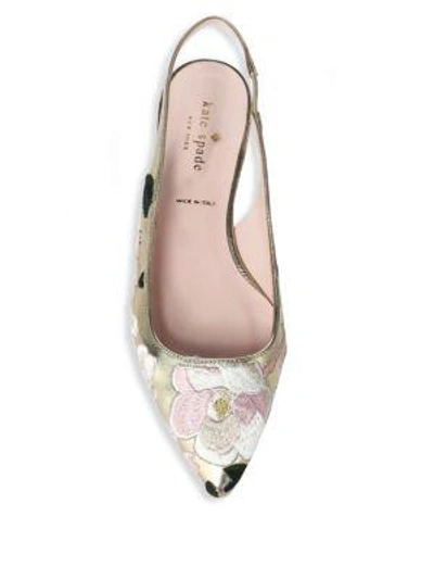 Shop Kate Spade Barnie Floral-embroidered Metallic Leather Slingback Sandals In Gold
