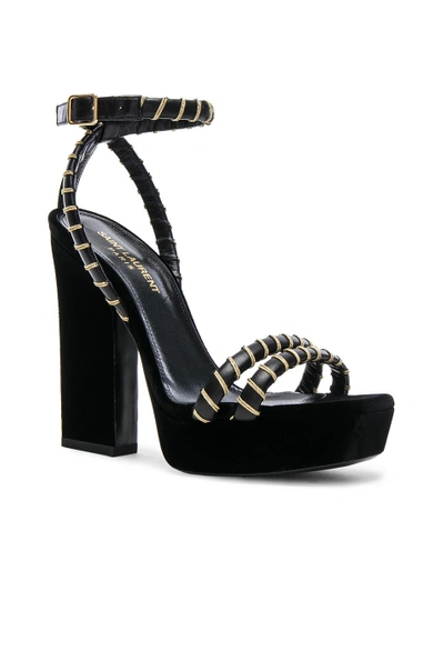Shop Saint Laurent Velvet Debbie Ankle Strap Platform Sandals In Black