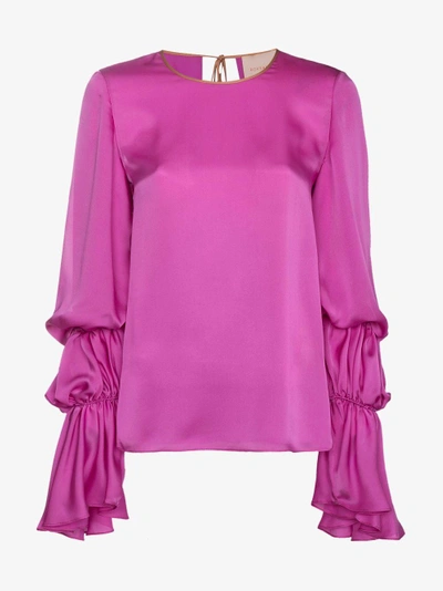 Shop Roksanda Nezu Silk Top With Ruched Sleeves In Pink&purple