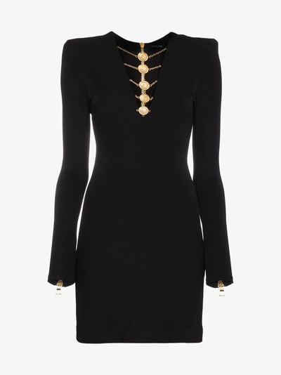 Shop Balmain Disc Embellished V-neck Mini Dress In Black