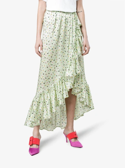 Shop Attico Silk Floral Wrap Skirt In Green