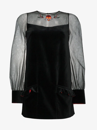 Shop Navro Velvet Mini Dress With Sheer Sleeves In Black