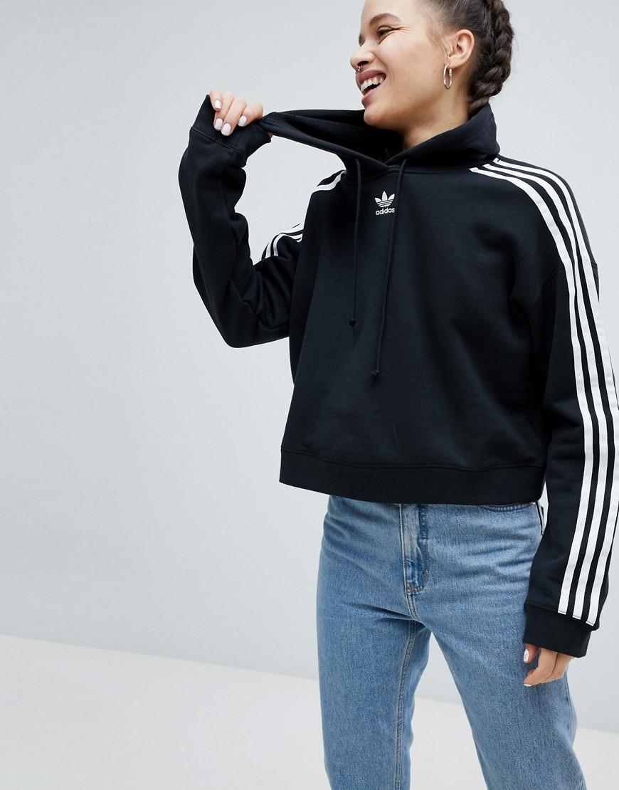 adidas originals adicolor three stripe cropped hoodie in black