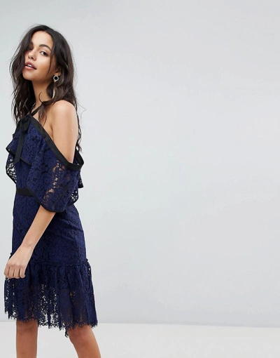 Shop Adelyn Rae Tracy Ruffle Haltnerneck Lace Hem Dress-navy