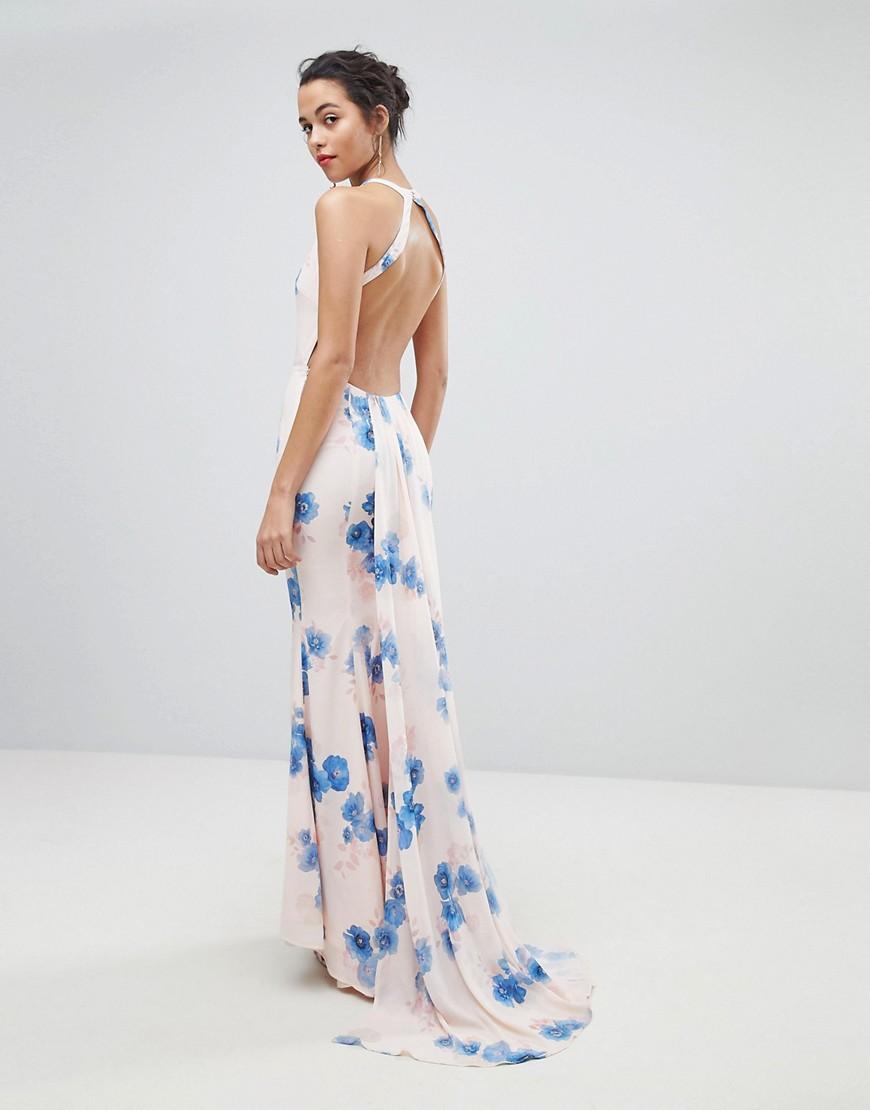 jarlo all over printed maxi dress with train in floral