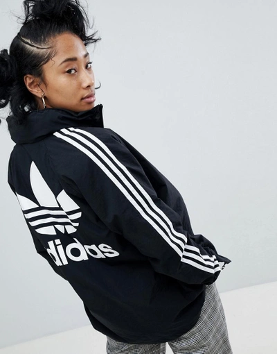 Shop Adidas Originals Adicolor Three Stripe Stadium Jacket With Hood In Black - Black