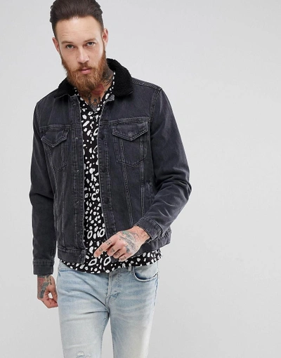 Shop Allsaints Denim Jacket With Fleece Collar In Black - Black