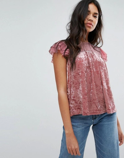 Shop Hazel Crushed Velvet Top With Lace Yolk - Pink