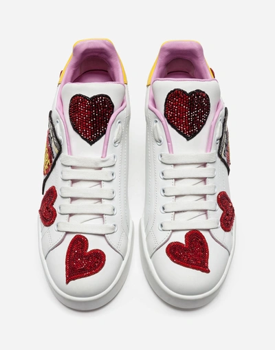 Shop Dolce & Gabbana Calfskin Portofino Sneakers With Patches And Embroidery In White