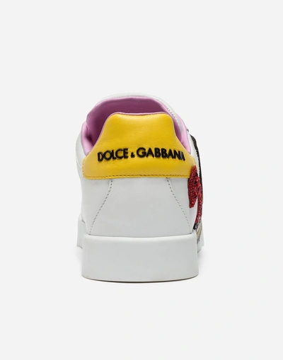 Shop Dolce & Gabbana Calfskin Portofino Sneakers With Patches And Embroidery In White