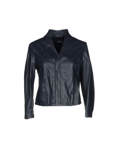 Shop Armani Jeans Leather Jacket In Dark Blue