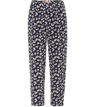 Shop Marni Floral-printed Cropped Silk Trousers In Blue