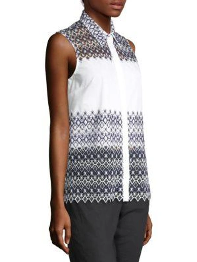 Shop Elie Tahari Abina Embroidered Blouse In Navy White