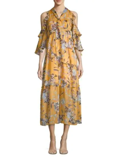 Shop Shoshanna Elena Floral Silk Dress In Marigold Multi