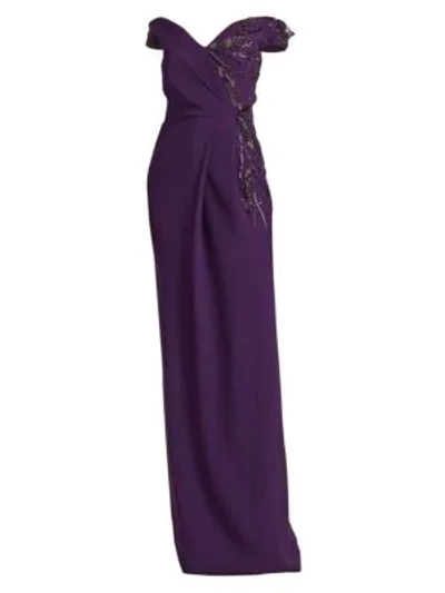 Shop Pamella Roland Stretch Crepe Off-the-shoulder Cape Gown In Amethyst