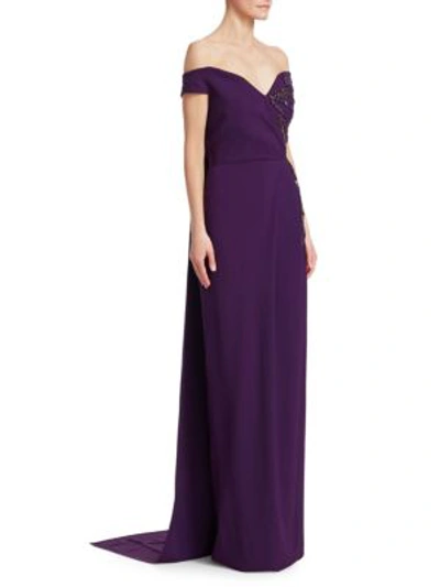Shop Pamella Roland Stretch Crepe Off-the-shoulder Cape Gown In Amethyst