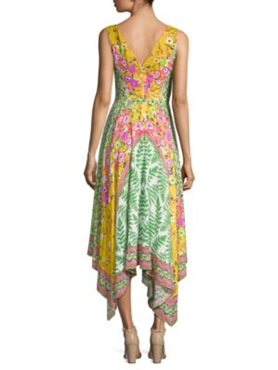 Shop Saloni Zuri Handkerchief-hem Floral Silk Dress In Flowers Ferns