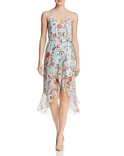 Shop Alice And Olivia Alice + Olivia Mable Floral Print Silk Faux-wrap Dress In Floral Soiree/dusty Aqua