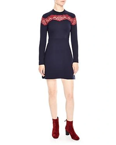 Shop Sandro Inset-lace Fit & Flare Dress In Navy Blue