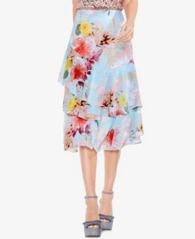 Shop Vince Camuto Faded Blooms Floral-print Tiered Skirt In Aqua Glow