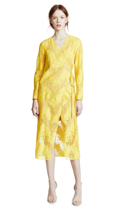 Shop Goen J Laced Maxi Wrap Coat In Yellow