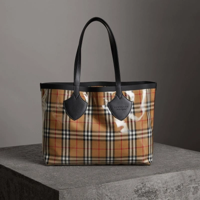 Shop Burberry The Medium Giant Tote In Plastic And Vintage Check In Antique Yellow/black