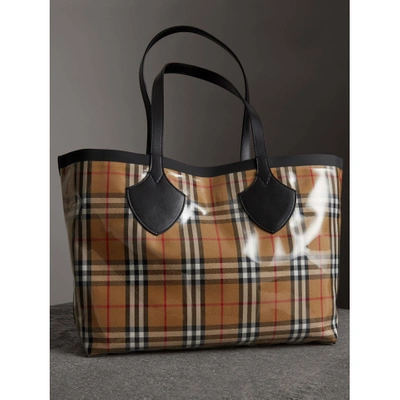 Shop Burberry The Medium Giant Tote In Plastic And Vintage Check In Antique Yellow/black