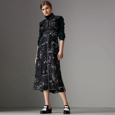 Shop Burberry Ruffle Detail Landmark Print Silk Dress In Black
