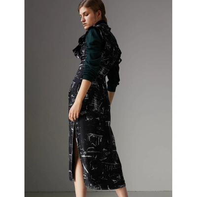 Shop Burberry Ruffle Detail Landmark Print Silk Dress In Black