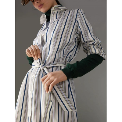 Shop Burberry Striped Silk Shirt Dress In Off White