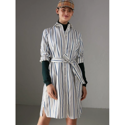 Shop Burberry Striped Silk Shirt Dress In Off White