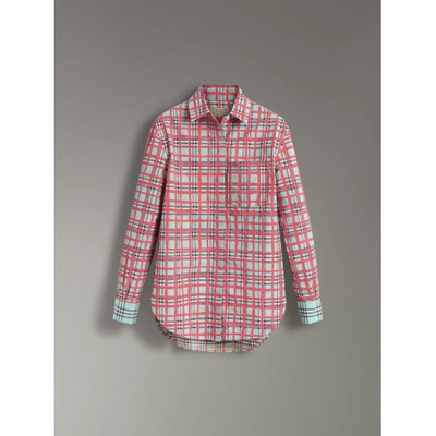 Shop Burberry Painted Check Cotton Shirt In Bright Aqua