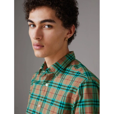 Shop Burberry Check Cotton Shirt In Aqua Green