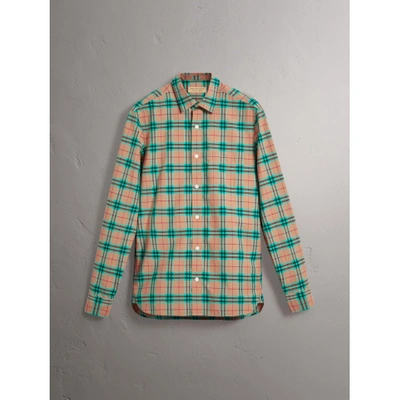Shop Burberry Check Cotton Shirt In Aqua Green